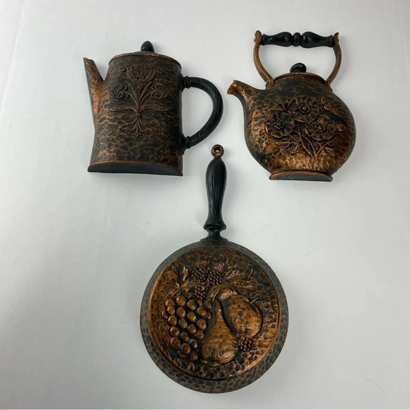 Skillet Coffee & Tea Pot SET OF 3 Kitchen Wall Decor Hangings USA Syroco Plastic - Picture 5 of 5